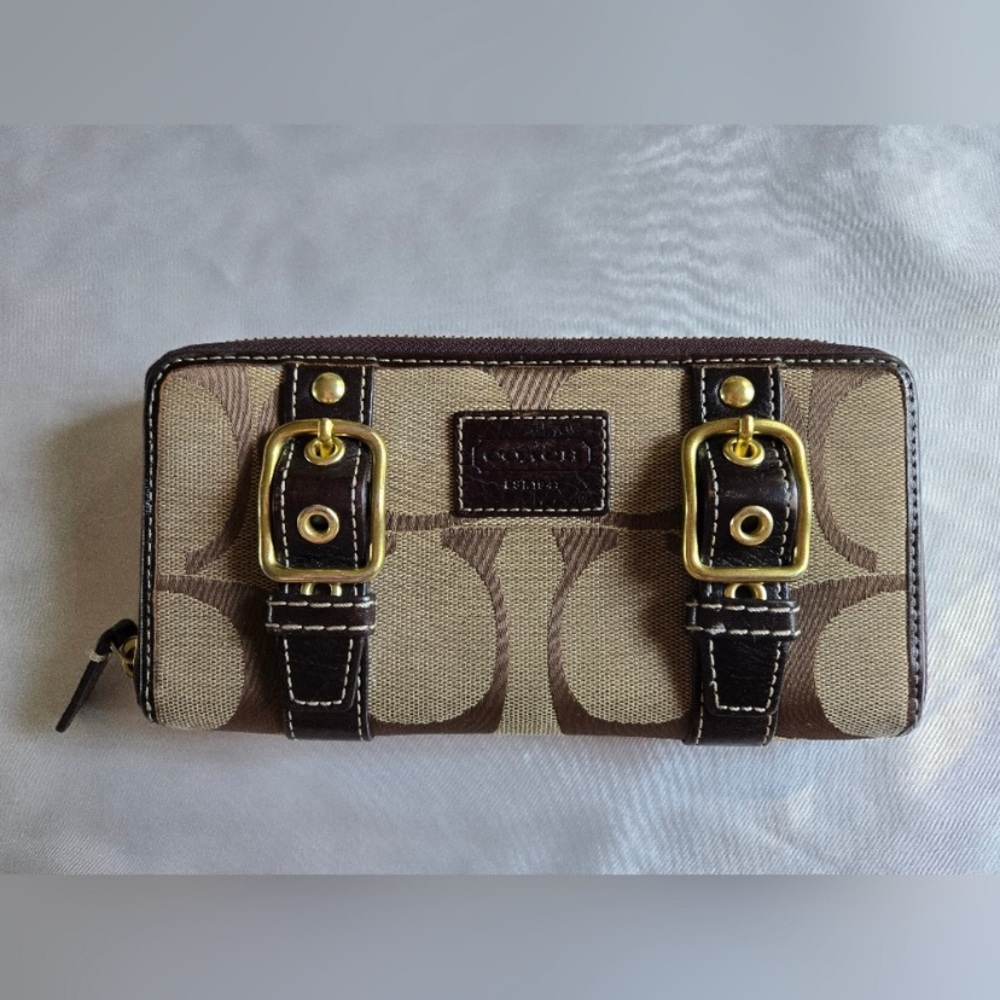 Coach Tan and Brown Wallet with Gold Buckles